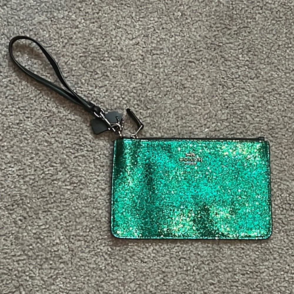 Sparkly emerald green Coach wristlet